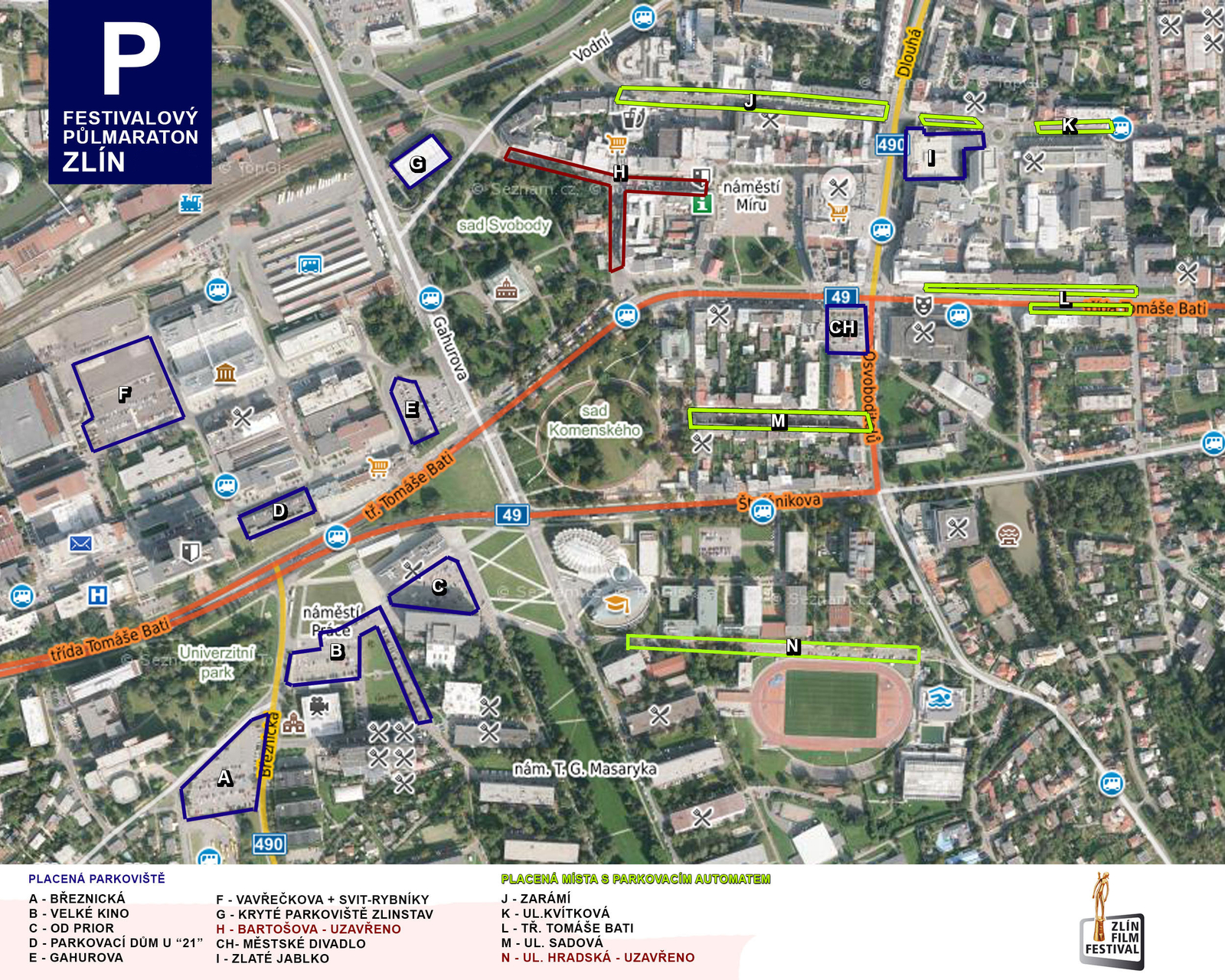 Situační mapa možnosti parkování na Festivalovém půlmaratonu ve Zlíně
